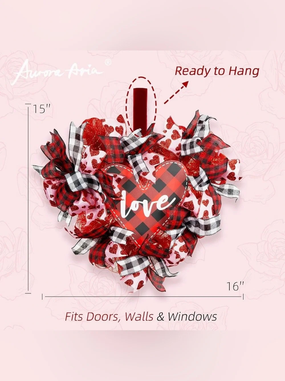 16” Red and Black Buffalo Plaid Heart 'Love' Wreath
